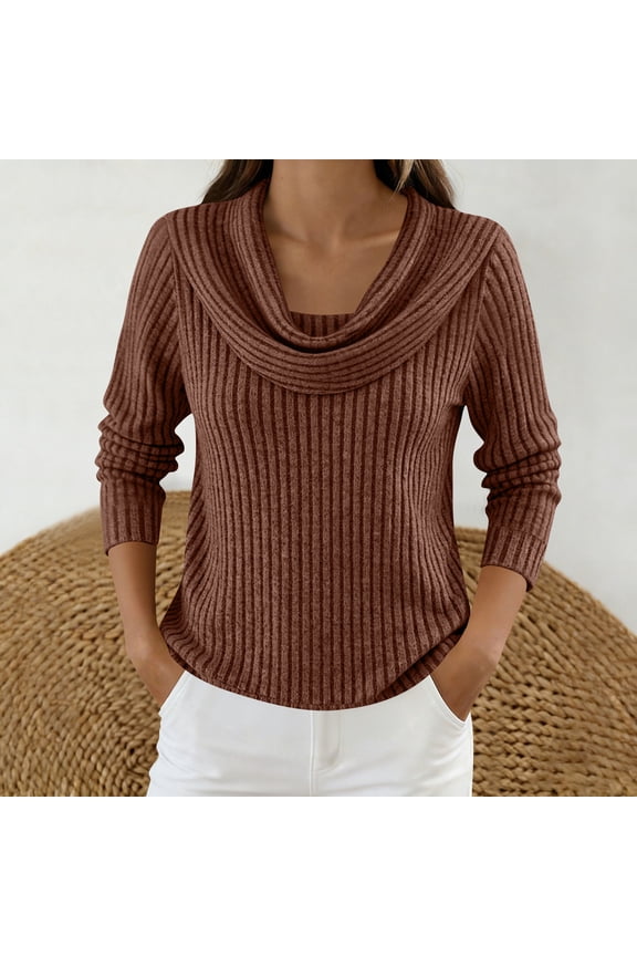 Womens Solid Color Ribbed Knit Top Cowl Neck Long Sleeve Casual Sweater for Fall and Winter Gifts