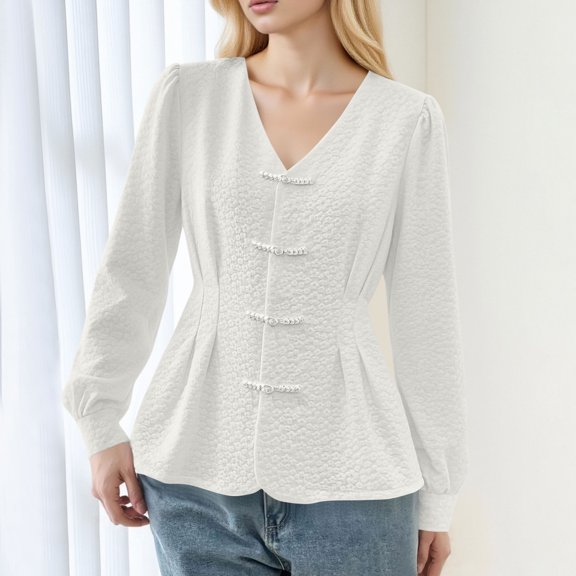 Craaazy Womens Solid Color V-Neck Blouse with Frog Buttons and Smocked Waist for Daily Wear Gifts