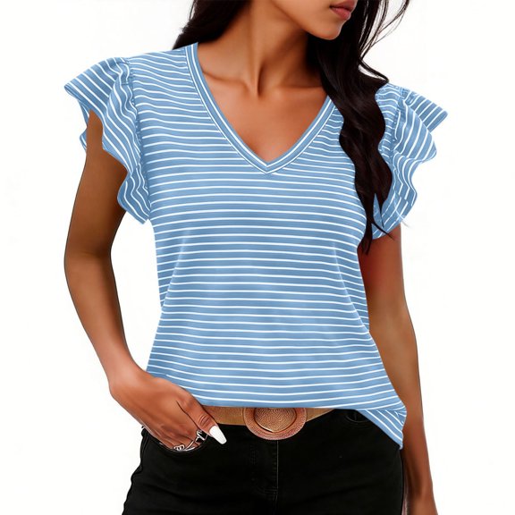 Craaazy Womens Striped V-Neck Ruffle Short Sleeve Top Loose Fit Casual Comfy Striped Tee for Summer Daily Wear Gifts