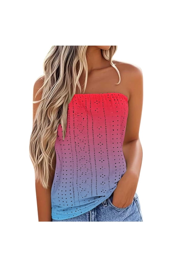 Womens Summer Tube Tops Casual Strapless Eyelet Bandeau Tanks Cute Off Shoulder Tunic Shirts Flowy Vacation Blouses