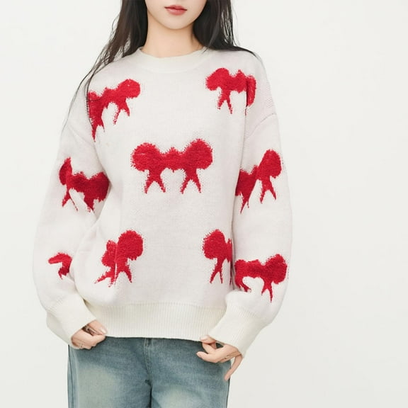 Craaazy Womens Sweaters Butterfly Knit Long Sleeved Top Crewneck Casual Loose Knit Pullover Gifts