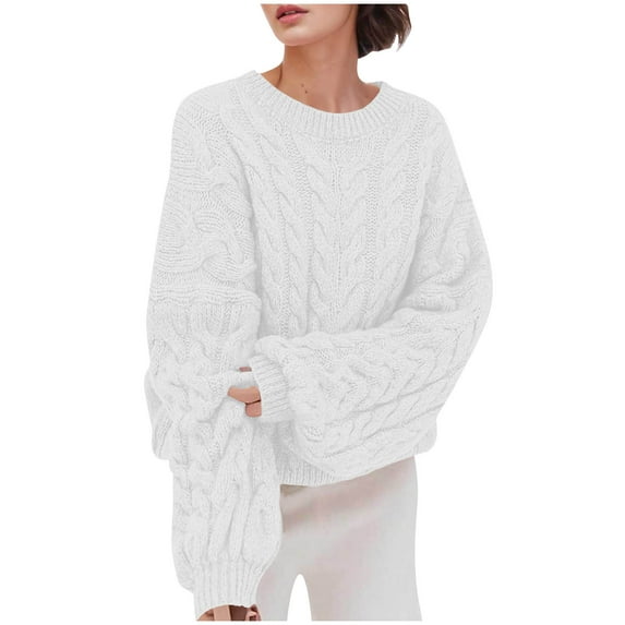 Craaazy Womens Sweaters Solid Color Knit Long Sleeve Crewneck Oversized Pullover Lantern Sleeve Casual Sweater Gifts For Women