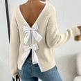 thumbnail image 1 of Craaazy Womens Sweaters Solid Color V-neck Long Sleeve Knitted Pullover Top with Bowknot Decoration on the Back Gifts, 1 of 9
