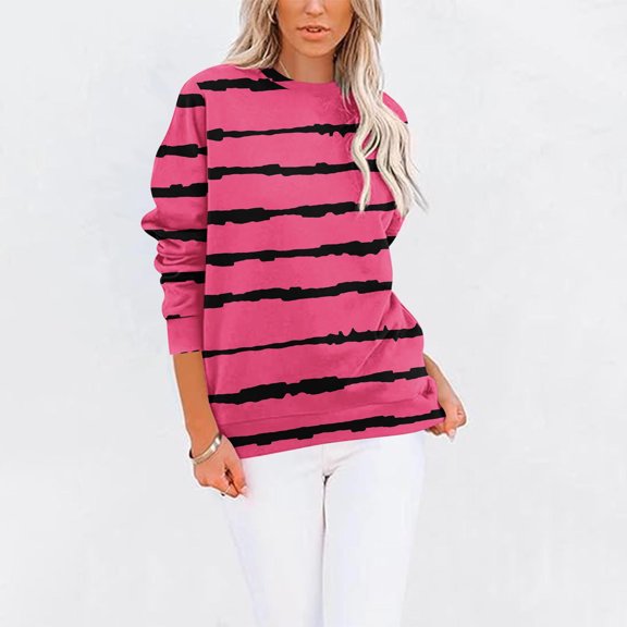 Craaazy Womens Sweatshirt Crew Neck Striped Color Block T-shirt Long Sleeve Pocket Pullover Gifts