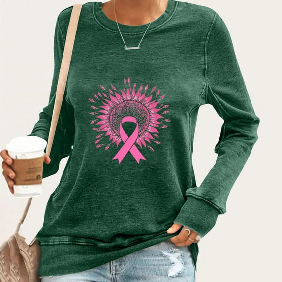 Craaazy Womens T Shirts Breast Cancer Shirt Casual Loose Crewneck Long Sleeve Pullover Pink Ribbon Awareness Comfy Tops Gifts