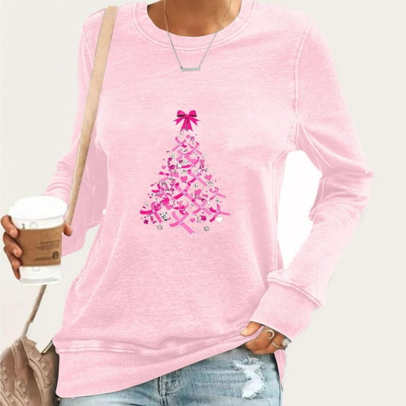 Craaazy Womens T Shirts Breast Cancer Shirt Casual Loose Crewneck Long Sleeve Pullover Pink Ribbon Awareness Comfy Tops Gifts