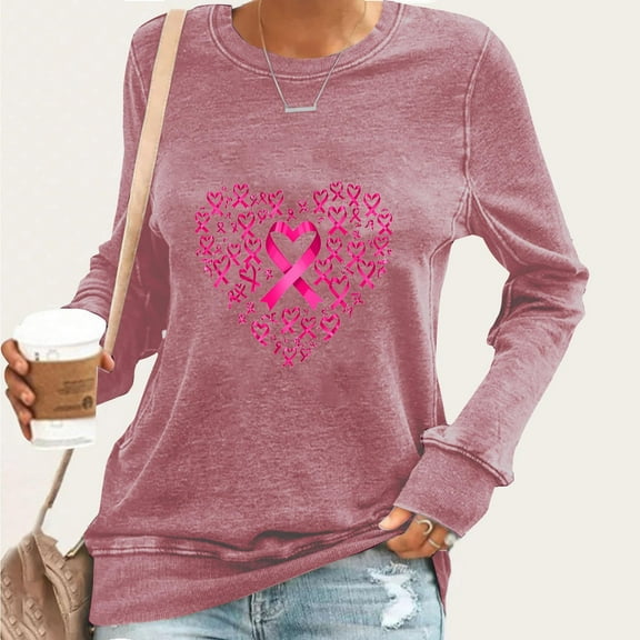 Craaazy Womens T Shirts Breast Cancer Shirt Casual Loose Crewneck Long Sleeve Pullover Pink Ribbon Awareness Comfy Tops Gifts