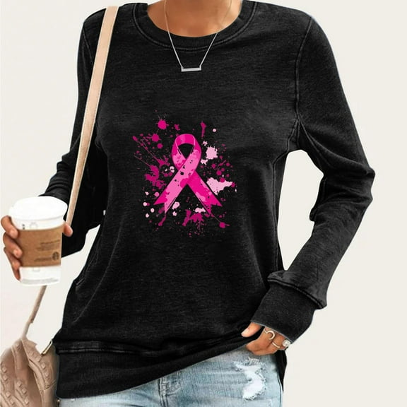 Craaazy Womens T Shirts Breast Cancer Shirt Casual Loose Crewneck Long Sleeve Pullover Pink Ribbon Awareness Comfy Tops Gifts