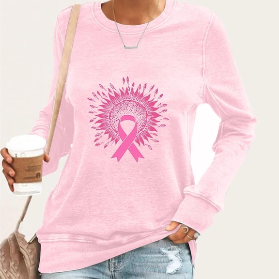 Craaazy Womens T Shirts Breast Cancer Shirt Casual Loose Crewneck Long Sleeve Pullover Pink Ribbon Awareness Comfy Tops Gifts