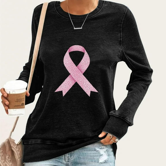 Craaazy Womens T Shirts Breast Cancer Shirt Casual Loose Crewneck Long Sleeve Pullover Pink Ribbon Awareness Comfy Tops Gifts