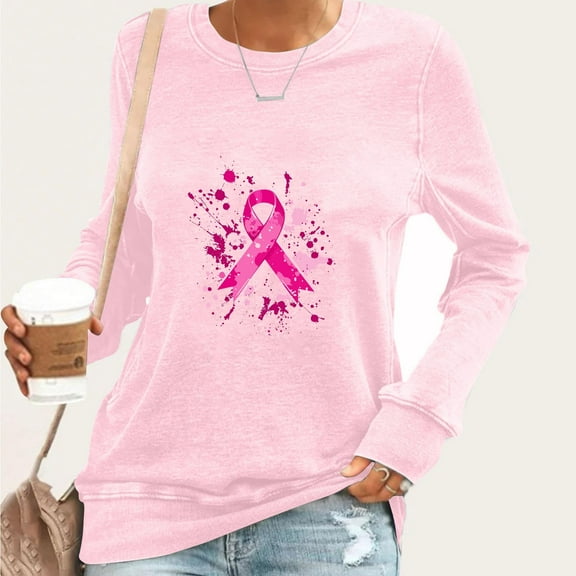 Craaazy Womens T Shirts Breast Cancer Shirt Casual Loose Crewneck Long Sleeve Pullover Pink Ribbon Awareness Comfy Tops Gifts