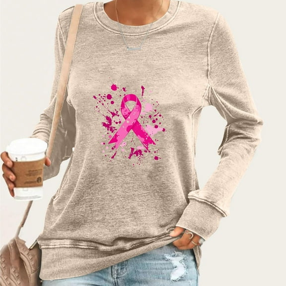 Craaazy Womens T Shirts Breast Cancer Shirt Casual Loose Crewneck Long Sleeve Pullover Pink Ribbon Awareness Comfy Tops Gifts