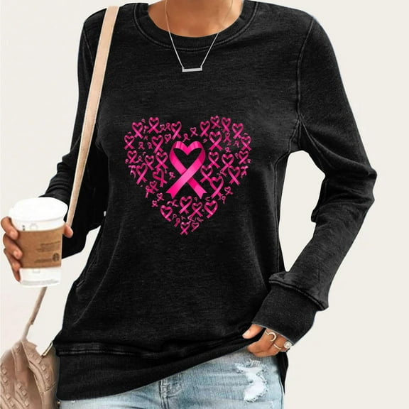 Craaazy Womens T Shirts Breast Cancer Shirt Casual Loose Crewneck Long Sleeve Pullover Pink Ribbon Awareness Comfy Tops Gifts