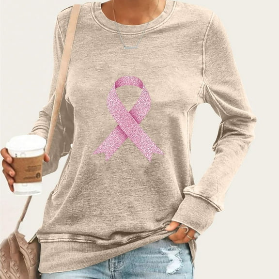 Craaazy Womens T Shirts Breast Cancer Shirt Casual Loose Crewneck Long Sleeve Pullover Pink Ribbon Awareness Comfy Tops Gifts