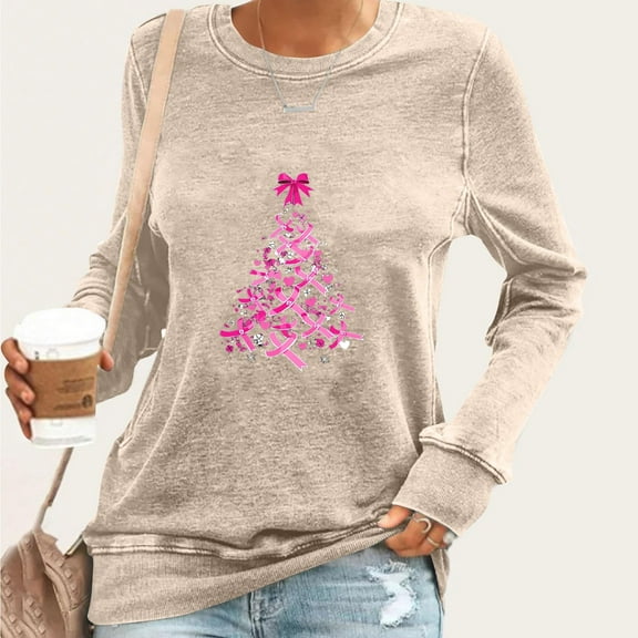 Craaazy Womens T Shirts Breast Cancer Shirt Casual Loose Crewneck Long Sleeve Pullover Pink Ribbon Awareness Comfy Tops Gifts