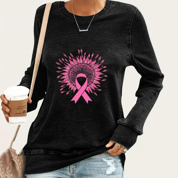 Craaazy Womens T Shirts Breast Cancer Shirt Casual Loose Crewneck Long Sleeve Pullover Pink Ribbon Awareness Comfy Tops Gifts