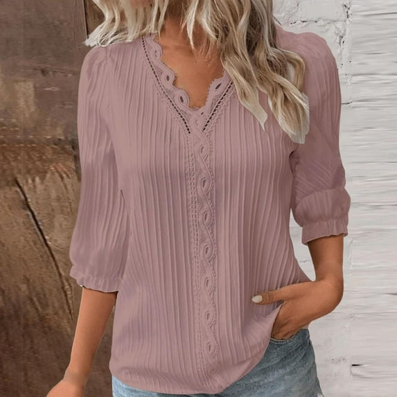 Craaazy Womens T Shirts Lace V Neck 3/4 Sleeve Solid Color Blouse Lace Patchwork Shirt Top Gifts For Women