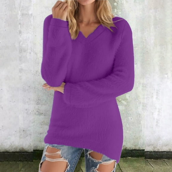 Craaazy Womens Tops Casual V Neck Long Sleeve Fleece Pullover Soft Furry Winter Womens Shirts Gifts for Women