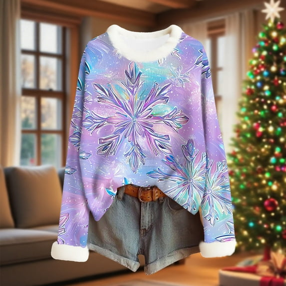 Craaazy Womens Tops Colorful Christmas Prints Fleece Crew Neck Long Sleeve Trendy Xmas Pullover Gifts for Women