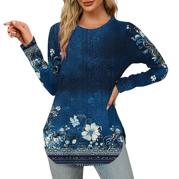 Craaazy Womens Tops Long Sleeve Crew Neck Blouses Pleated Casual Shirts Curved Hem Tunic T-shirt Gifts For Women
