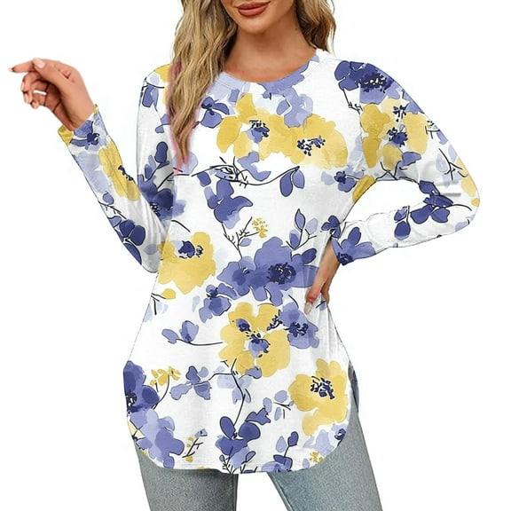 Craaazy Womens Tops Long Sleeve Crew Neck Blouses Pleated Casual Shirts Curved Hem Tunic T-shirt Gifts For Women