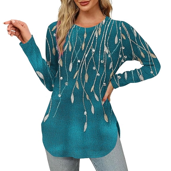 Craaazy Womens Tops Long Sleeve Crew Neck Blouses Pleated Casual Shirts Curved Hem Tunic T-shirt Gifts For Women