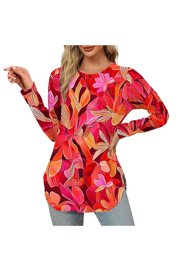 Womens Tops Long Sleeve Crew Neck Blouses Pleated Casual Curved Hem Tunic T-shirts for Daily Wear