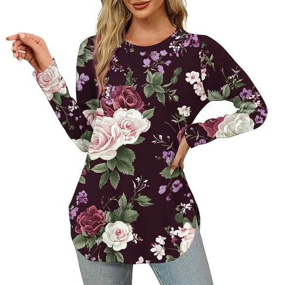 Craaazy Womens Tops Long Sleeve Crew Neck Blouses Pleated Casual Shirts Curved Hem Tunic T-shirt Gifts For Women