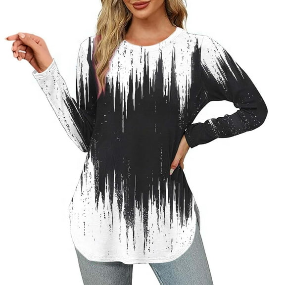 Craaazy Womens Tops Long Sleeve Crew Neck Blouses Pleated Casual Shirts Curved Hem Tunic T-shirt Gifts For Women