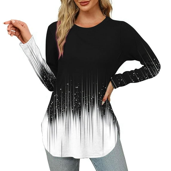 Craaazy Womens Tops Long Sleeve Crew Neck Blouses Pleated Casual Shirts Curved Hem Tunic T-shirt Gifts For Women