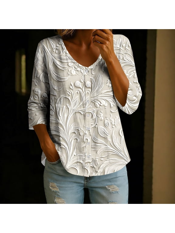 Womens Trendy Blouses Plus Size Loose Fit Solid Color V Neck Classic Style 3/4 Sleeve Embossed Print Button Down Shirt for Spring, Summer, Work