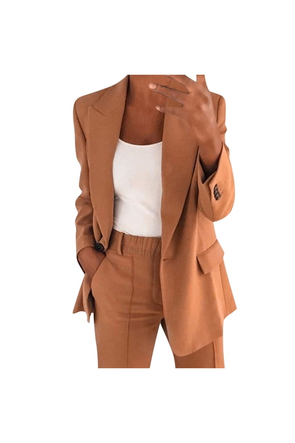 Womens Trendy Suits, 2 Piece Solid Color Long Sleeve Open Front Lapel Collar Blazer with Pockets and Pants Set, Casual Office Suit for Daily Wear, Work, Vacation