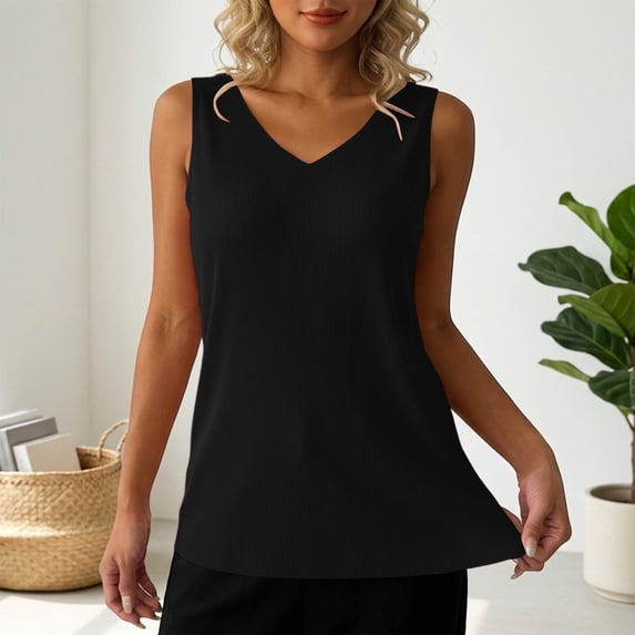 Craaazy Womens Trendy Tops, Sleeveless Solid Color V Neck Loose Ribbed Tank Top, Plus Size Blouse for Going Out, Vacation, Daily Wear