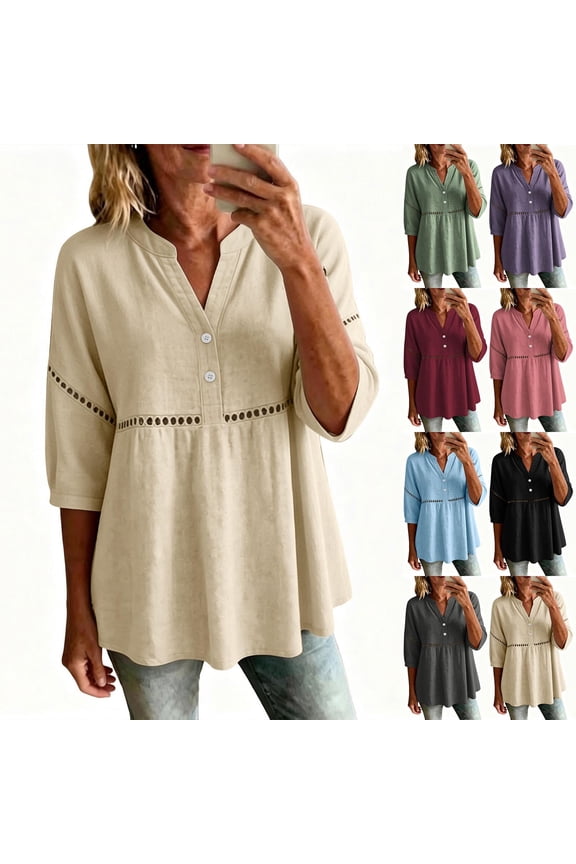 Womens Tunic Tops 3/4 Sleeve V Neck Solid Color Eyelet Embroidered Cotton Blouses for Casual Wear