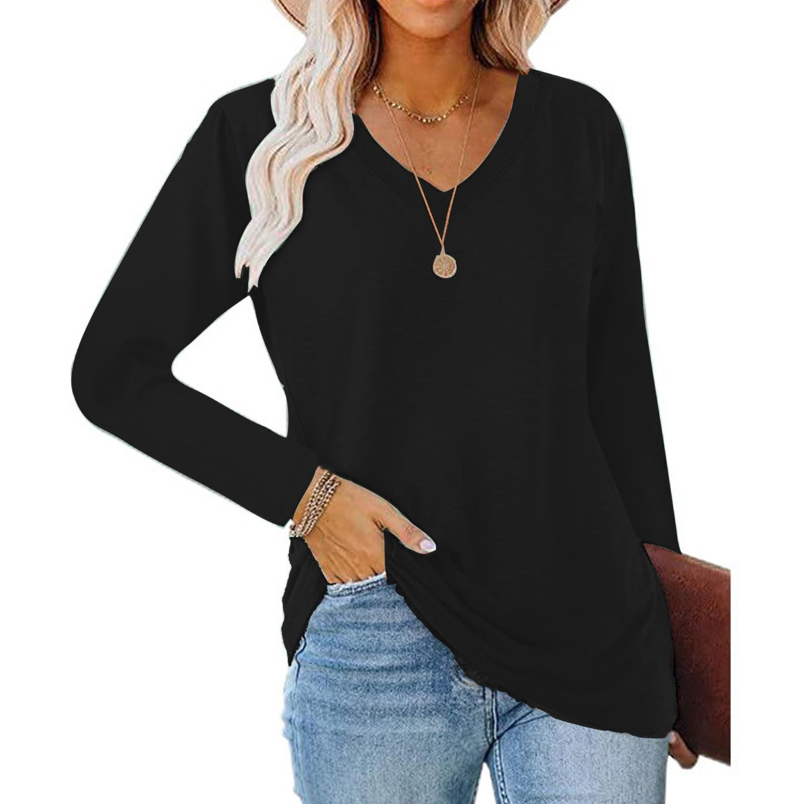 Craaazy Womens V Neck Long Sleeve Shirts Casual Curved Hem Tunic Tops ...