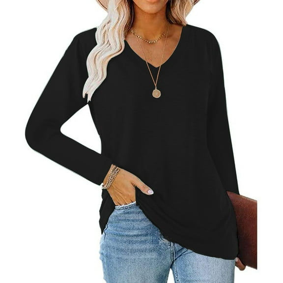 Craaazy Womens V Neck Long Sleeve Shirts Casual Curved Hem Tunic Tops Basic Loose Fit T Shirts Casual Tops Gifts