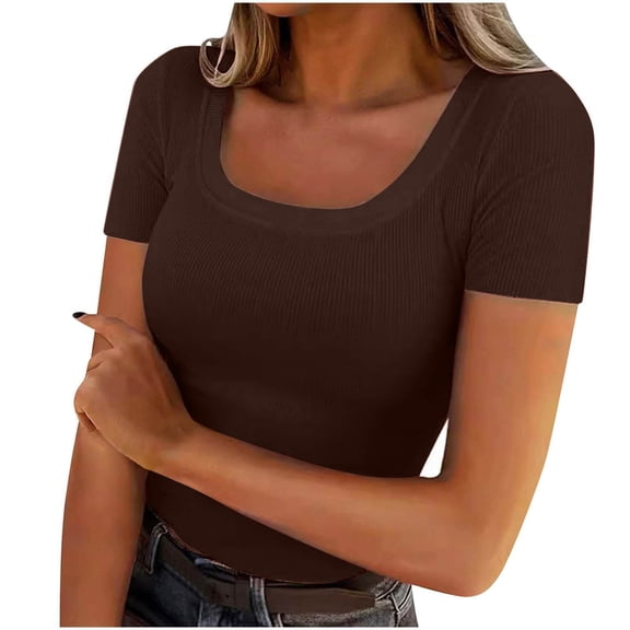 Craaazy Womens V Neck Ribbed Knit Blouses Short Sleeve Slim Fitted T Shirts Casual Basic Tee Tops 2025