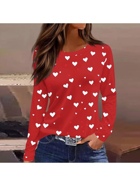 Womens Valentines Shirts with Hearts Prints Casual Round Neck Long Sleeve T-Shirts Gifts