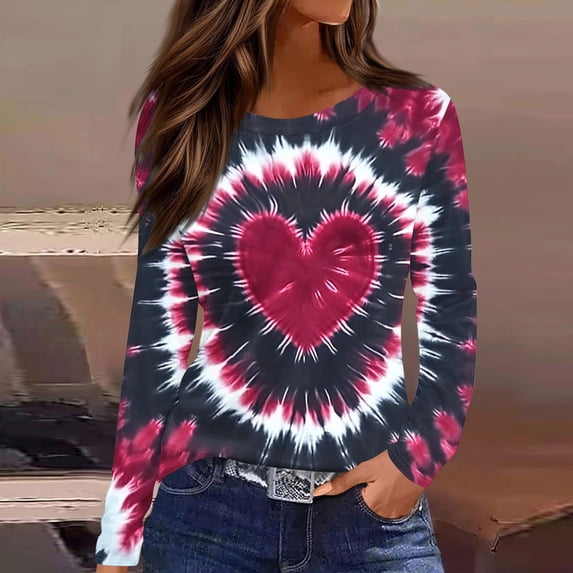 Craaazy Womens Valentines Shirts with Hearts Prints Casual Round Neck Long Sleeve T-Shirts Gifts