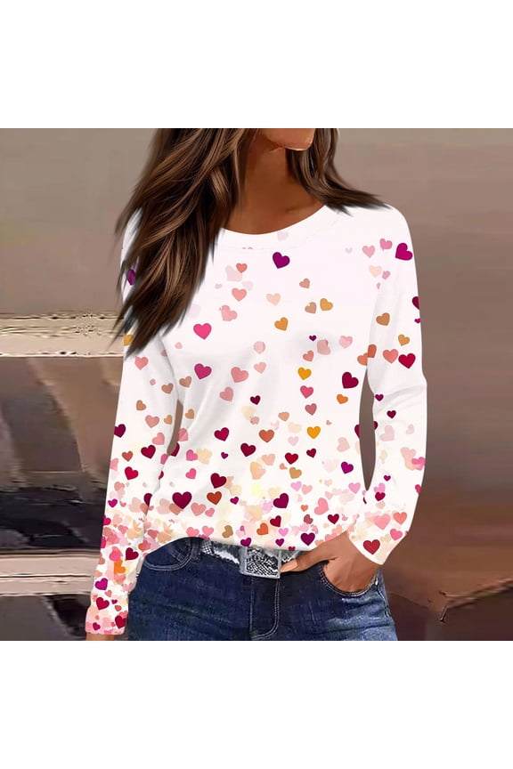 Womens Valentines Shirts with Hearts Prints Casual Round Neck Long Sleeve T-Shirts Gifts