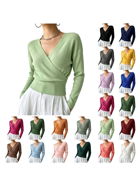 Wrap Knit Tops for Women Slim Solid V Neck Casual Blouse Long Sleeve Cross Front Cinched Waist Ribbed Cropped Pullover for Spring Fall Dating Office Daily Wear