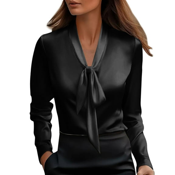 Craaazy omen's Bow Tie Neck Long Sleeve Office Satin Shirts Gifts