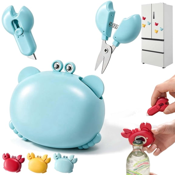 Crab 4-in-1 Magnetic Bottle Opener, Multifunctional Refrigerator Magnet Tool with Folding Scissors & Box Cutter, Stainless Steel Multi Tool for Kitchen, Home, Office, Camping