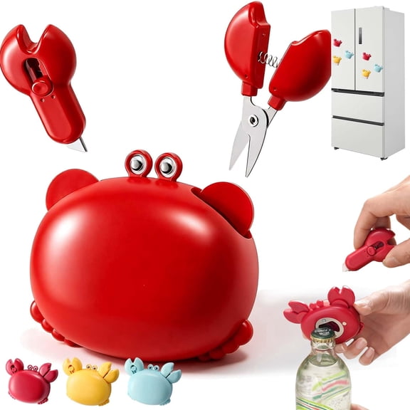 Crab 4-in-1 Magnetic Bottle Opener, Multifunctional Refrigerator Magnet Tool with Folding Scissors & Box Cutter, Stainless Steel Multi Tool for Kitchen, Home, Office, Camping