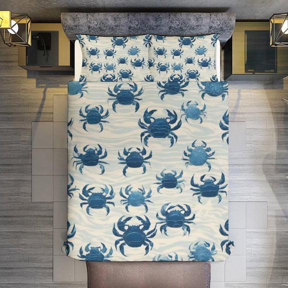 Crab Blue Quilt Cover Set Fashionable Printed Bedding Covers with Pillowcase Home Textiles, Queen (90"x90")