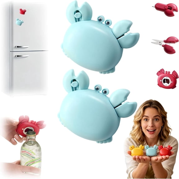Crab Bottle Opener 4 in 1 Multitool, Magnetic Fridge Magnet with Scissors & Box Cutter, Cute Kitchen Gadget for Home(2Pcs,Blue)