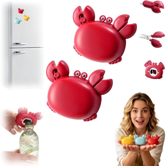 Crab Bottle Opener 4 in 1 Multitool, Magnetic Fridge Magnet with Scissors & Box Cutter, Cute Kitchen Gadget for Home(2Pcs,Red)