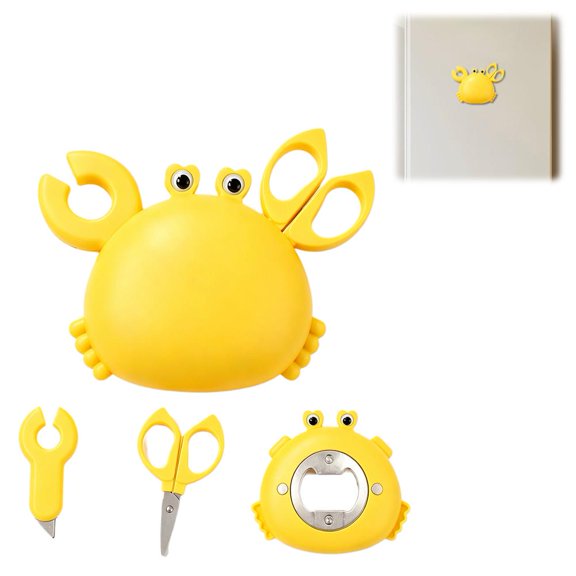 Crab Bottle Opener, Magnetic Scissors for Fridge, Crab-Shaped 4-in-1 Multi Tool with Magnetic Fridge Magnet, Bottle Opener, Box Cutter and Mini Scissors, Compact Kitchen Gadget for Home Office
