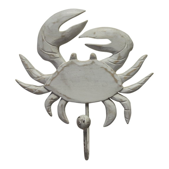 Crab Carved Whitewashed Wood Wall Single Hook 8.5 Inch