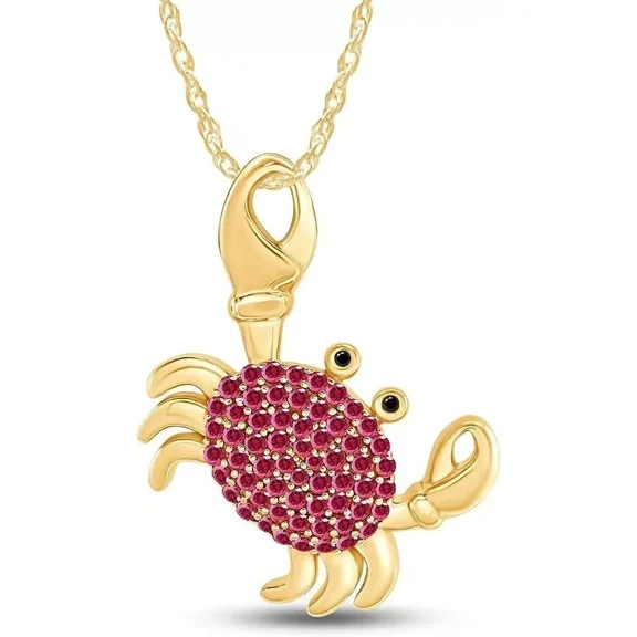Crab Charm Pendant 18" Necklace Simulated Ruby 14K Yellow Gold Plated